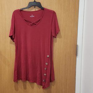 Fuinloth, short sleeve, burgundy asymmetrical, criss cross v neck, long tunic, L